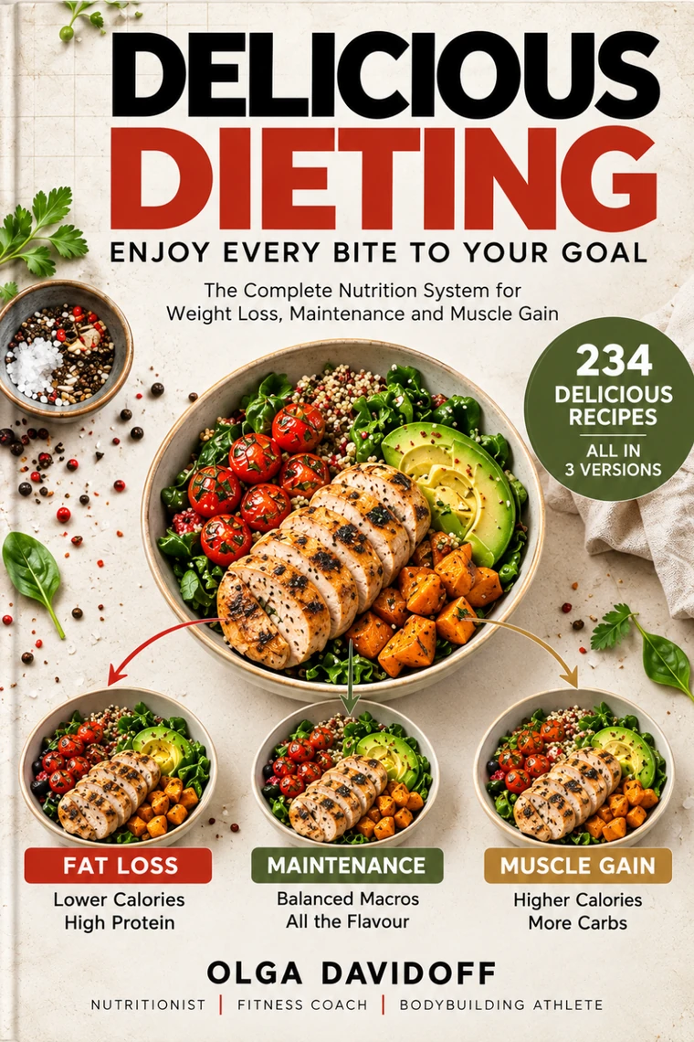 Delicious Dieting cookbook cover by Olga Davidoff — a chicken, avocado and quinoa bowl