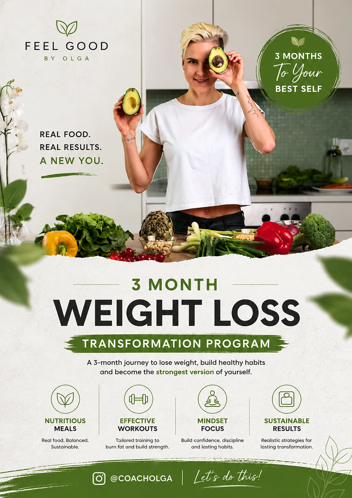 3 Month Weight Loss Transformation Program cover — Olga holding avocados in a kitchen