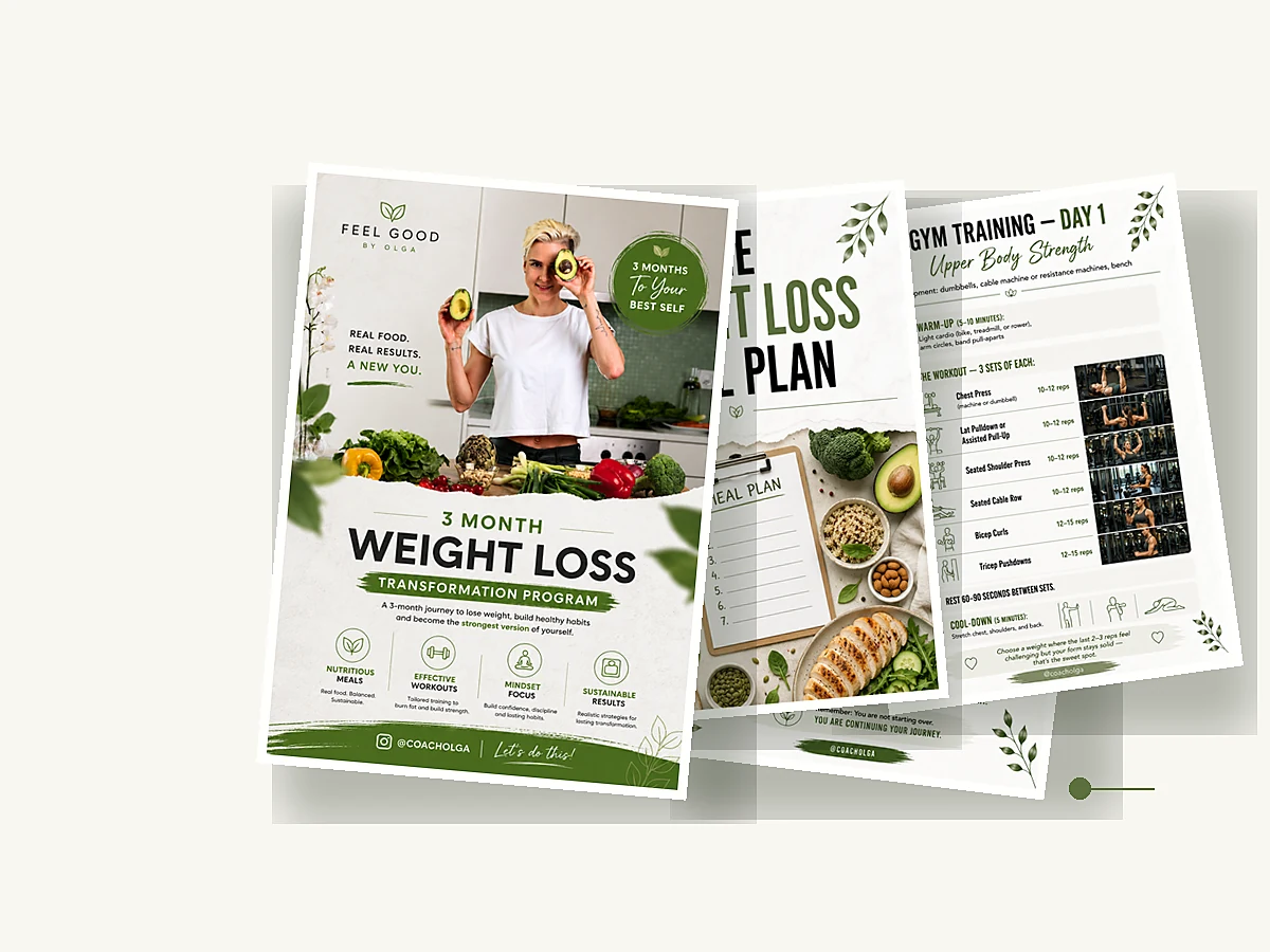 Pages of the 3 Month Weight Loss Transformation Program fanned out — cover, meal plan and gym training pages