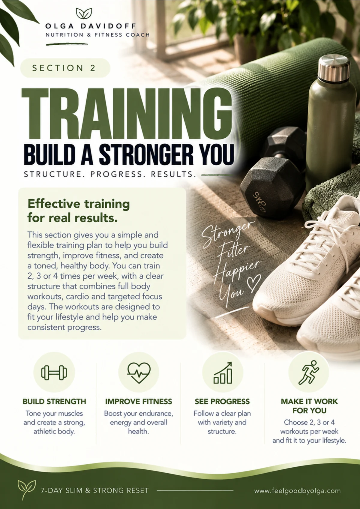 Training section page of the guide — structure, progress, results