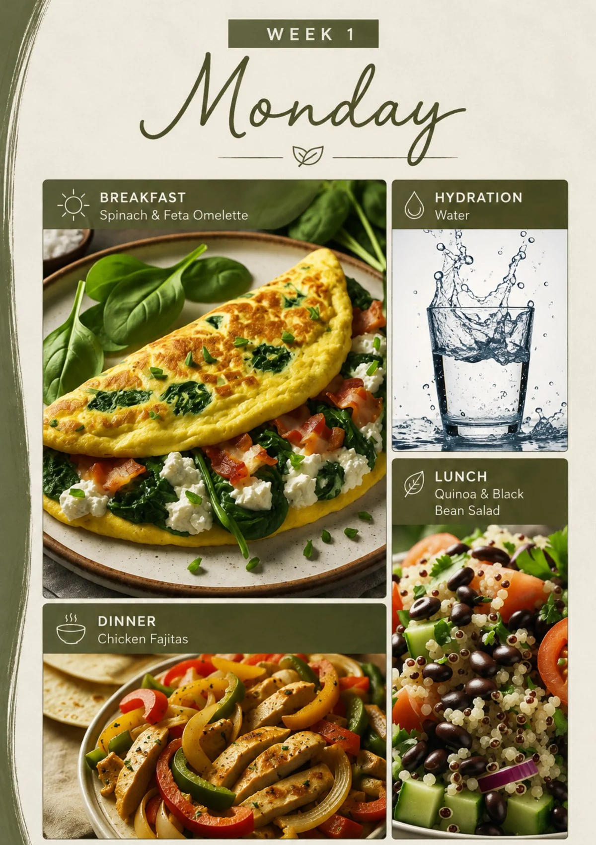 A sample Monday meal plan page from the guide — breakfast, lunch, dinner and hydration