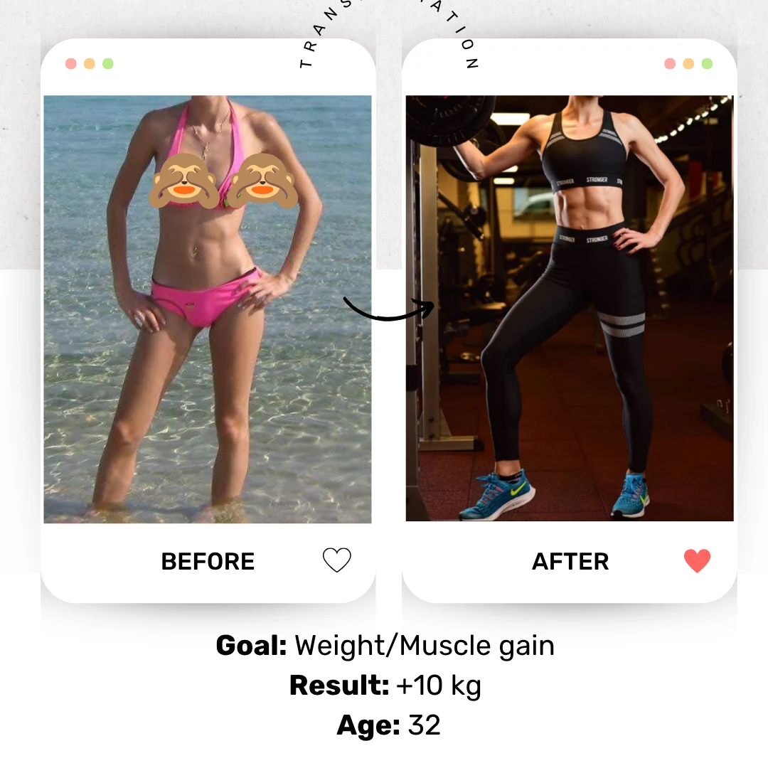Before and after photos of a female client, age 32, whose goal was weight and muscle gain with a result of plus 10 kg