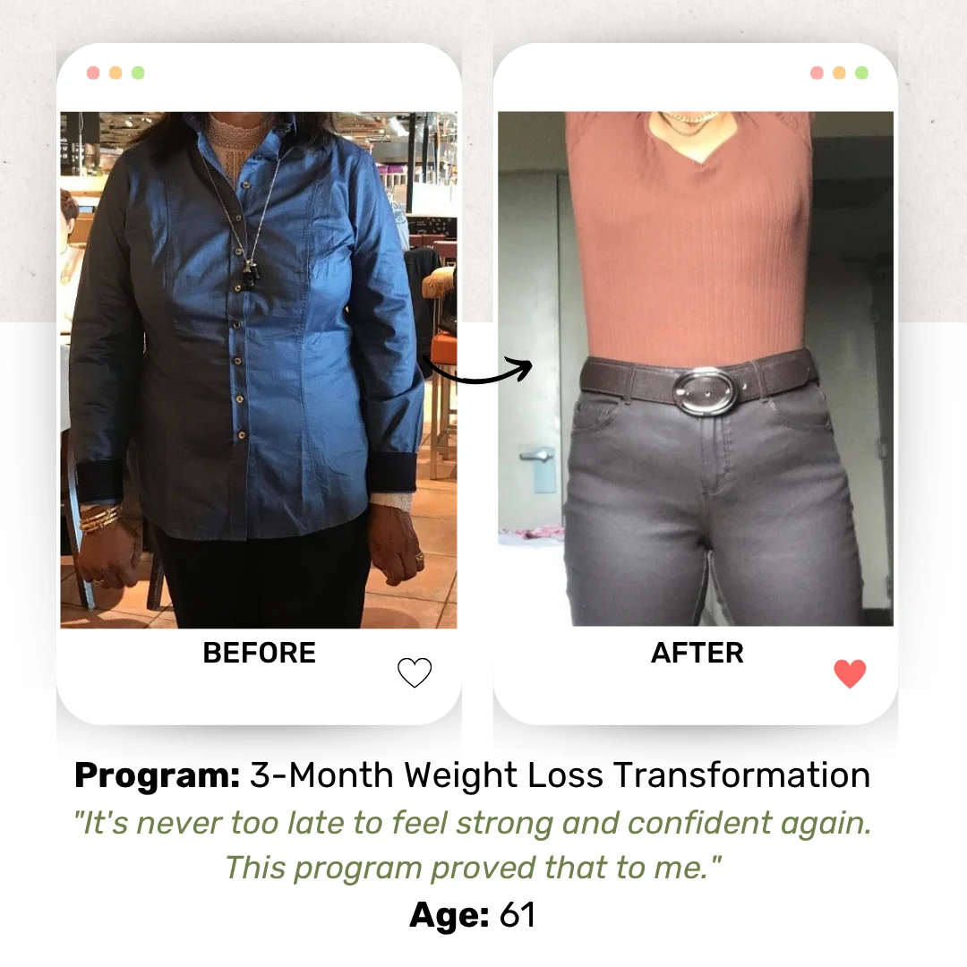 Before and after photos of a female client, age 61, on the 3-month transformation program with a weight loss goal