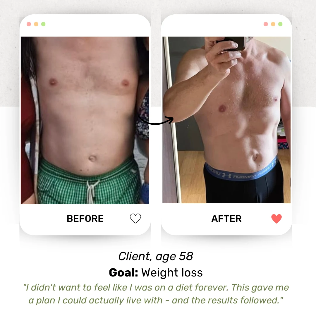 Before and after photos of a male client, age 58, whose goal was weight loss