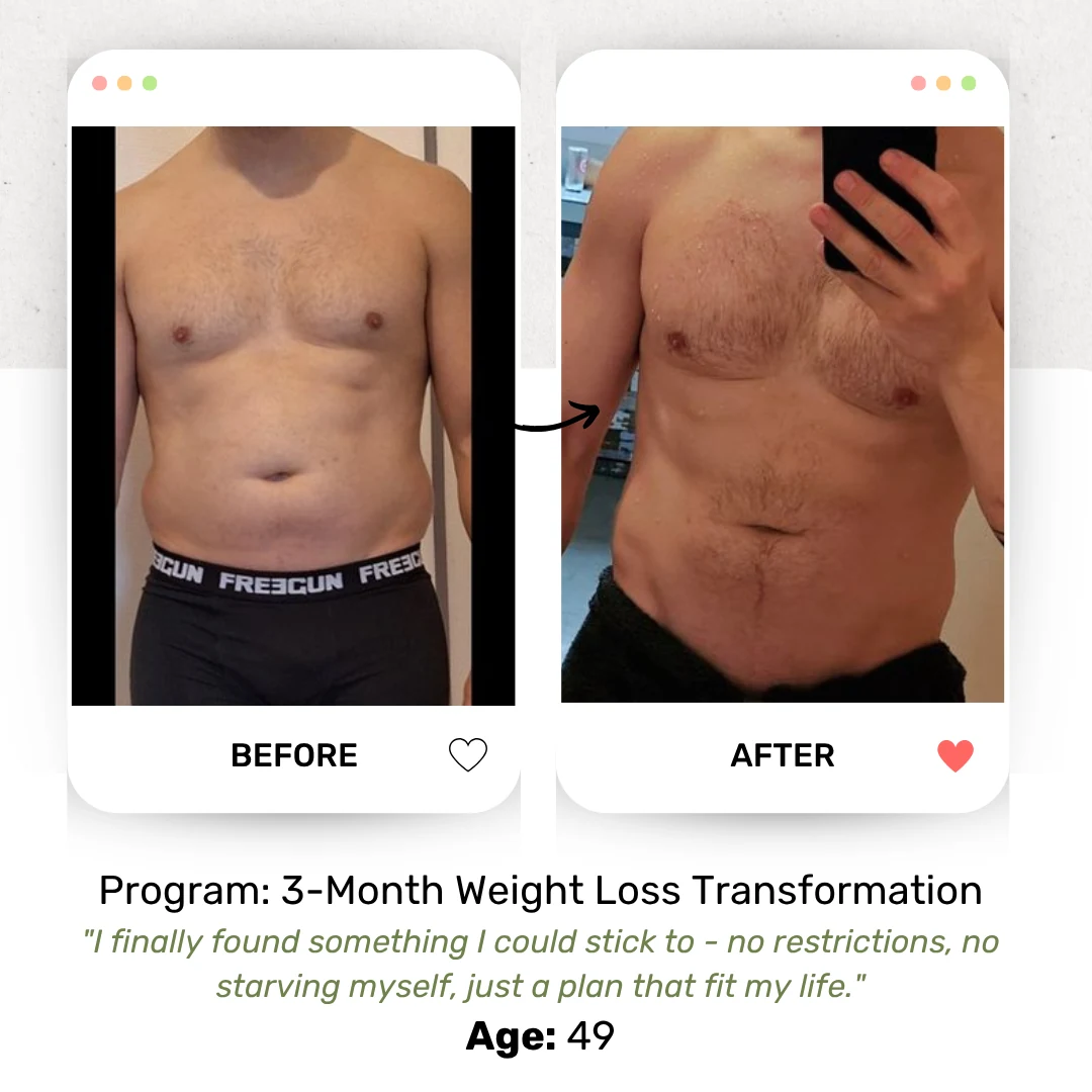 Before and after photos of a male client, age 49, on the 3-month weight loss transformation program