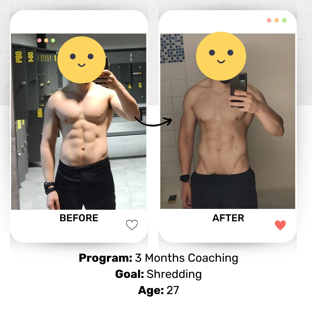 Before and after photos of a male client, age 27, on the 3-month coaching program with a shredding goal